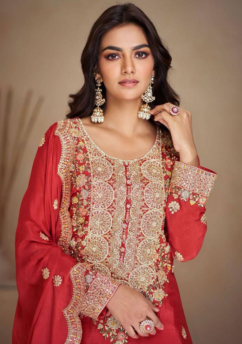 Red Embroidered Chinon Salwar Kameez - Indya