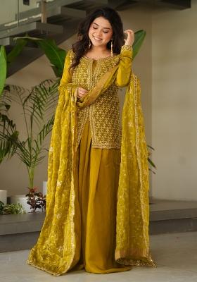 Green Embroidered Blended Salwar Kameez With Dupatta
