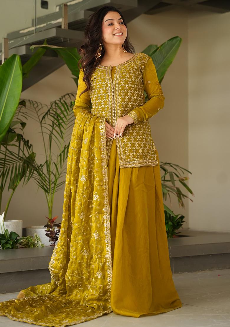 Green Embroidered Blended Salwar Kameez With Dupatta - Indya