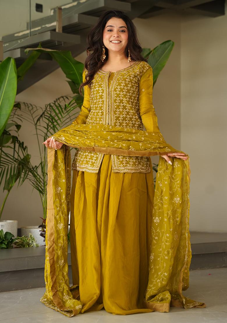 Green Embroidered Blended Salwar Kameez With Dupatta - Indya