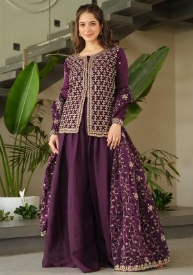 Wine Embroidered Blended Salwar Kameez With Dupatta