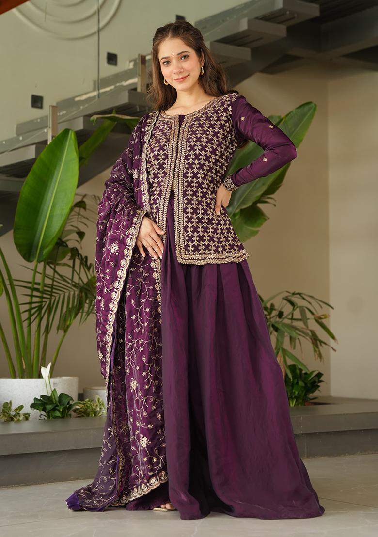 Wine Embroidered Blended Salwar Kameez With Dupatta - Indya