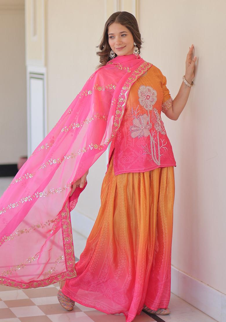 Pink Embroidered Chinon Salwar Kameez With Dupatta - Indya