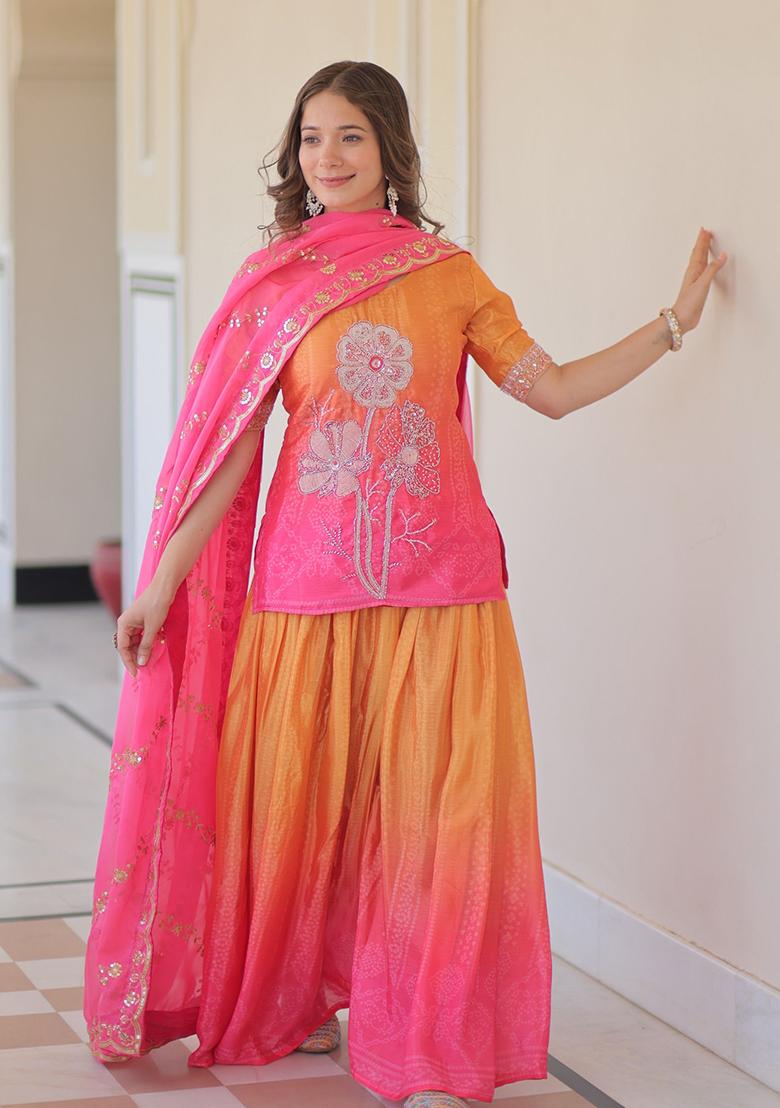 Pink Embroidered Chinon Salwar Kameez With Dupatta - Indya