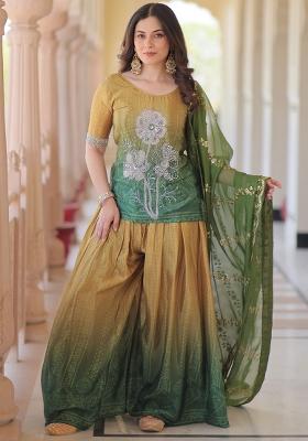 Green Embroidered Chinon Salwar Kameez With Dupatta