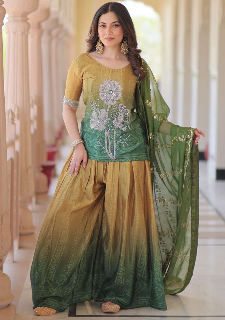 Green Embroidered Chinon Salwar Kameez With Dupatta - Indya