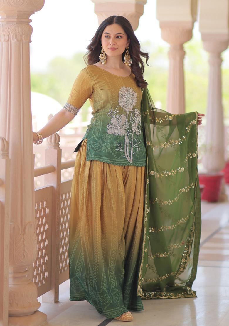 Green Embroidered Chinon Salwar Kameez With Dupatta - Indya