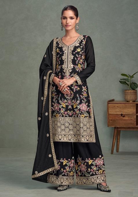 Black Sequence Embroidery Chinon Salwar Kameez With Dupatta