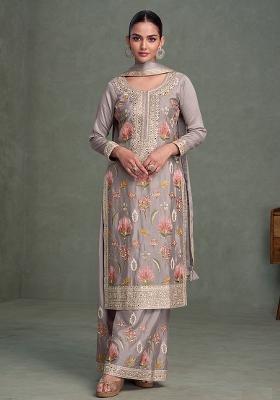Grey Sequence Embroidery Chinon Salwar Kameez With Dupatta