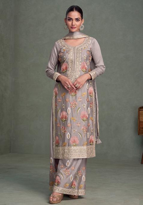 Grey Sequence Embroidery Chinon Salwar Kameez With Dupatta