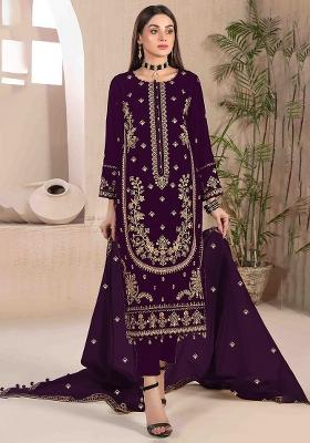 Purple Sequence Embroidery Velvet Salwar Kameez With Dupatta