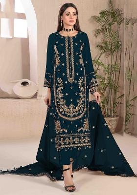 Blue Sequence Embroidery Velvet Salwar Kameez With Dupatta