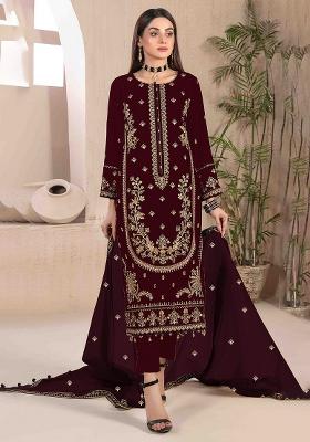 Maroon Sequence Embroidery Velvet Salwar Kameez With Dupatta
