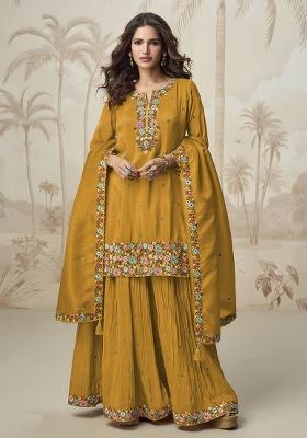 Yellow Sequence Embroidery Blended Salwar Kameez With Dupatta