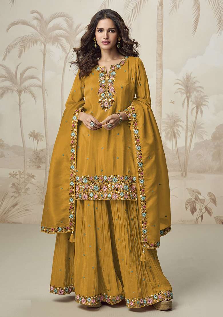 Yellow Embroidered Blended Sharara Set - Indya