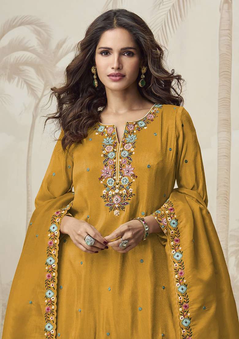 Yellow Embroidered Blended Sharara Set - Indya