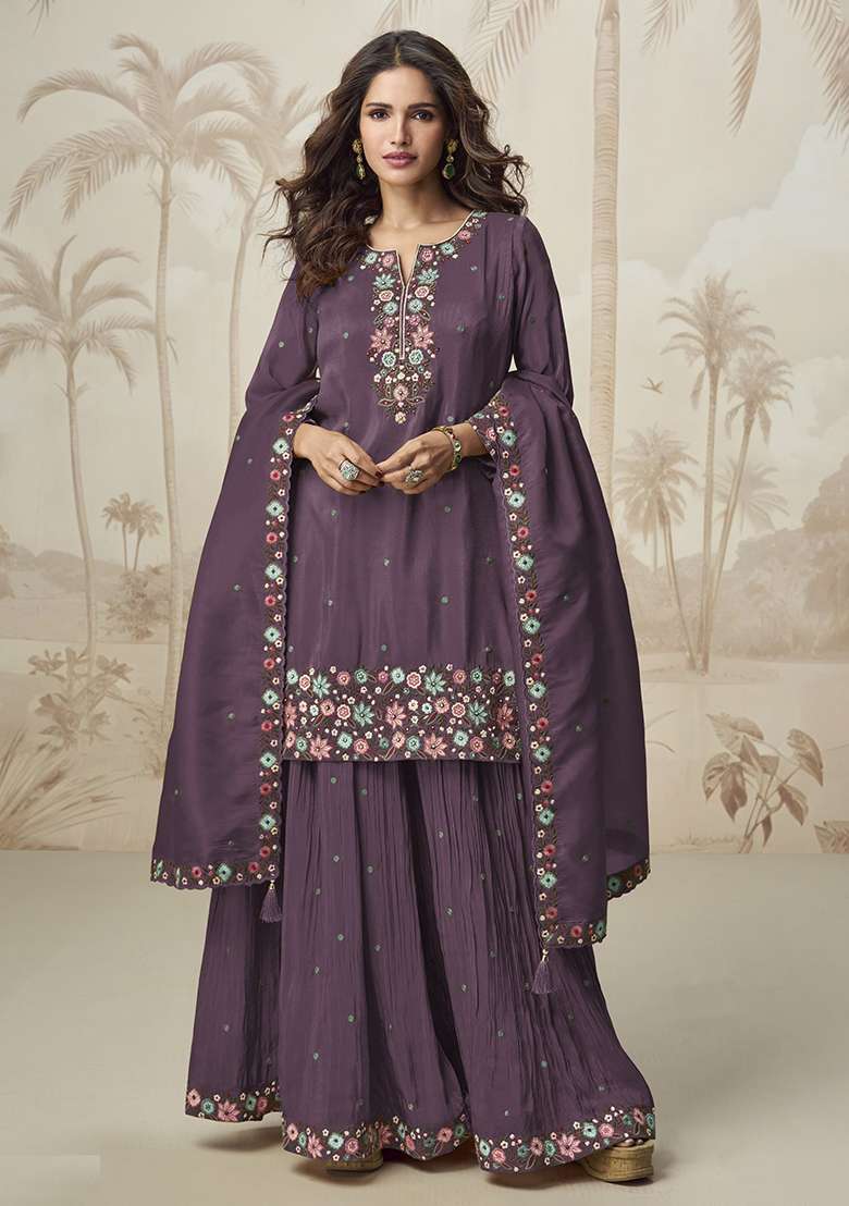 Wine Embroidered Blended Sharara Set - Indya