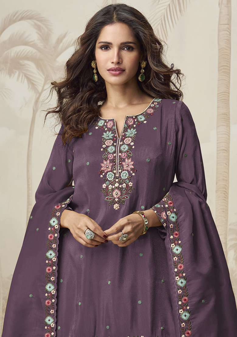Wine Embroidered Blended Sharara Set - Indya