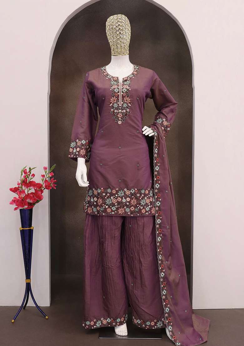 Wine Embroidered Blended Sharara Set - Indya