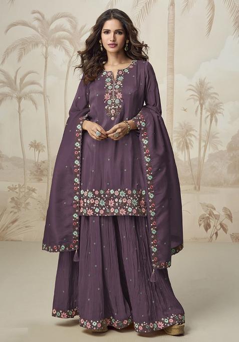 Wine Sequence Embroidery Blended Salwar Kameez With Dupatta