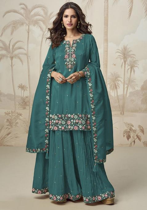 Green Embroidered Blended Sharara Set