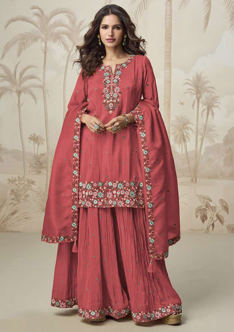 Red Embroidered Blended Sharara Set - Indya