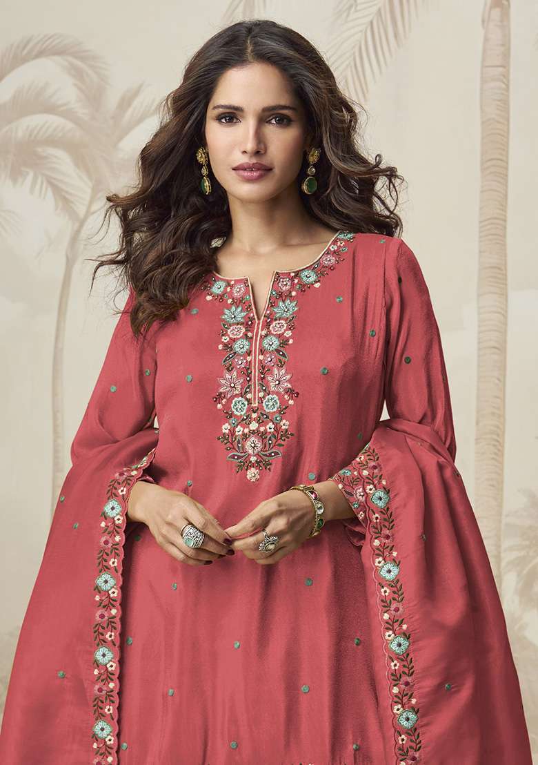 Red Embroidered Blended Sharara Set - Indya
