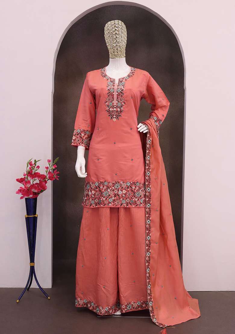 Red Embroidered Blended Sharara Set - Indya