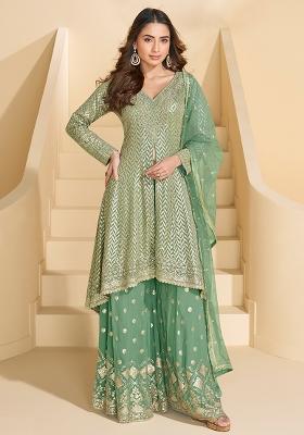 Green Sequence Embroidery Georgette Salwar Kameez With Dupatta