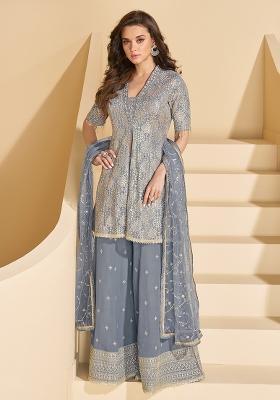 Grey Sequence Embroidery Georgette Salwar Kameez With Dupatta