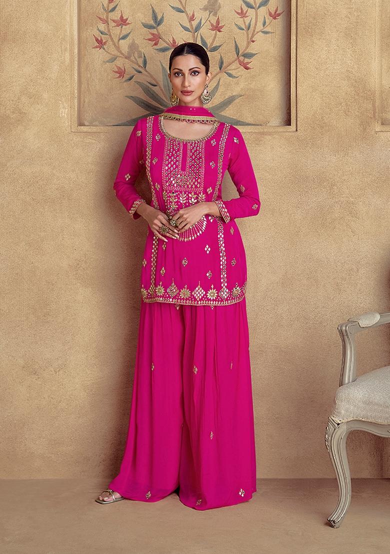 Pink Embroidered Silk Salwar Kameez With Dupatta - Indya