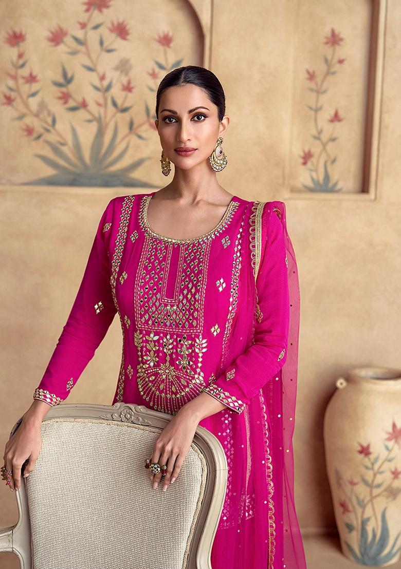 Pink Embroidered Silk Salwar Kameez With Dupatta - Indya