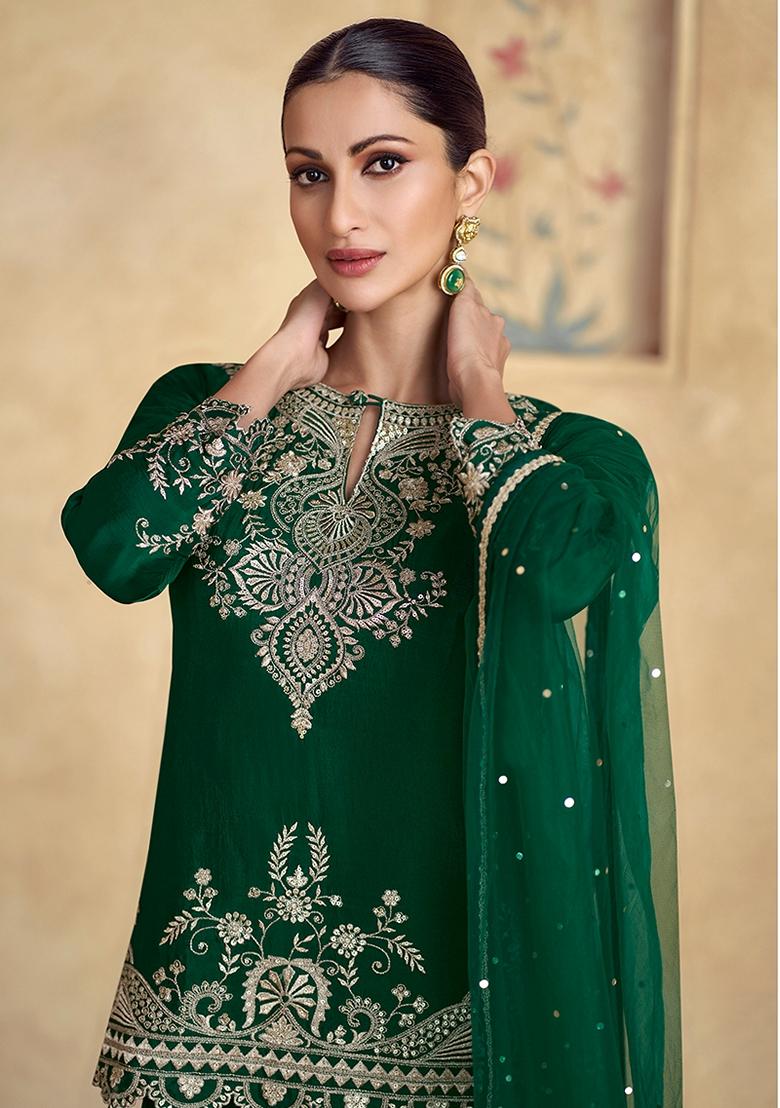 Green Embroidered Silk Salwar Kameez With Dupatta - Indya
