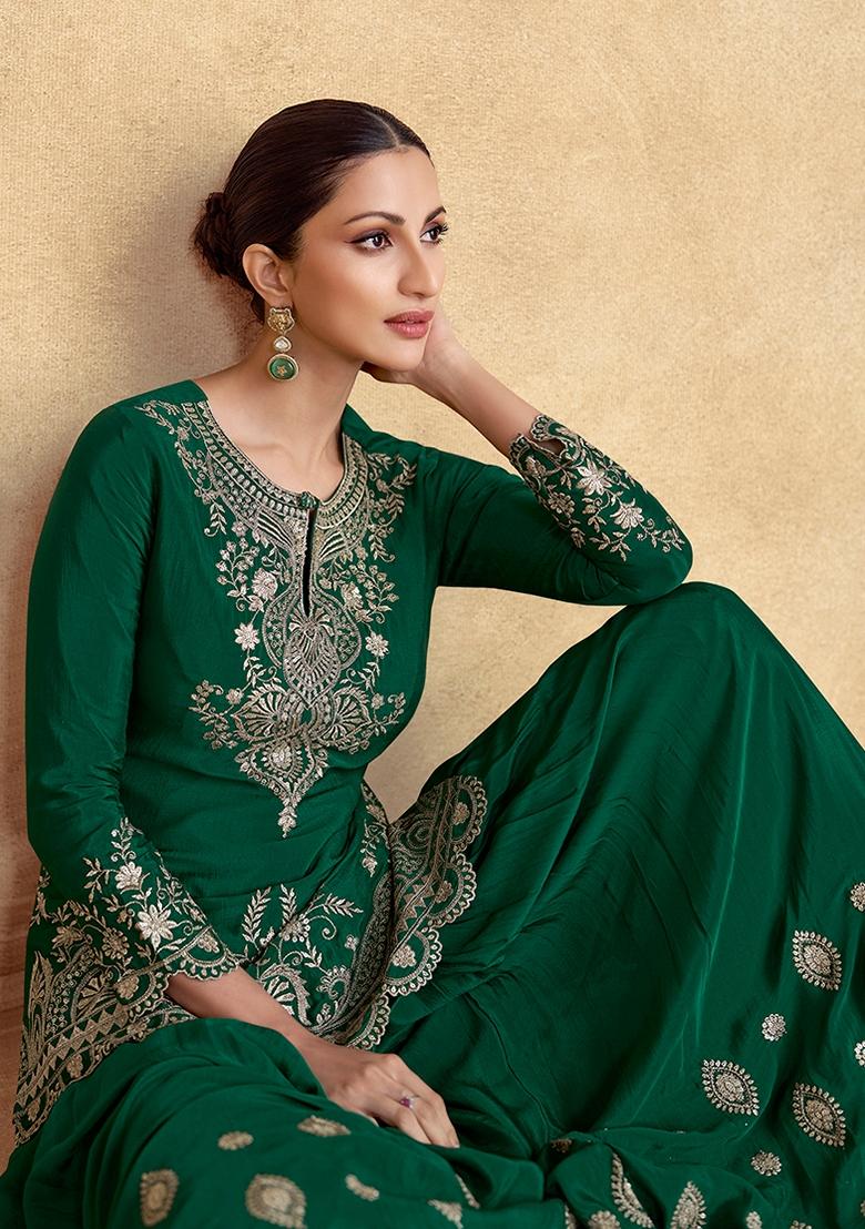 Green Embroidered Silk Salwar Kameez With Dupatta - Indya