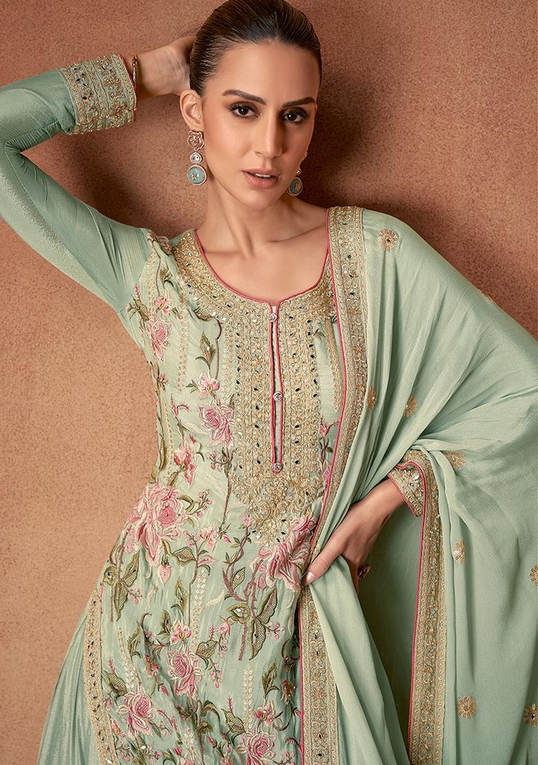 Green Embroidered Chinon Salwar Kameez With Dupatta - Indya