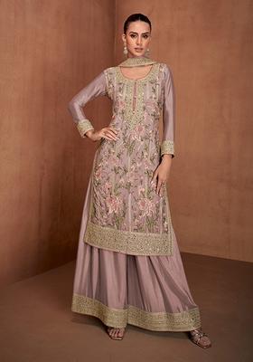 Pink Embroidered Chinon Salwar Kameez With Dupatta