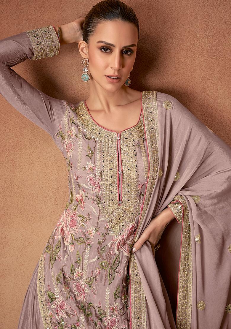 Pink Embroidered Chinon Salwar Kameez With Dupatta - Indya