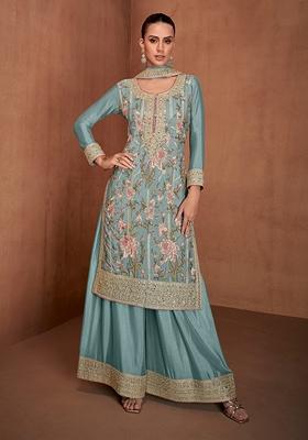 Blue Embroidered Chinon Salwar Kameez With Dupatta