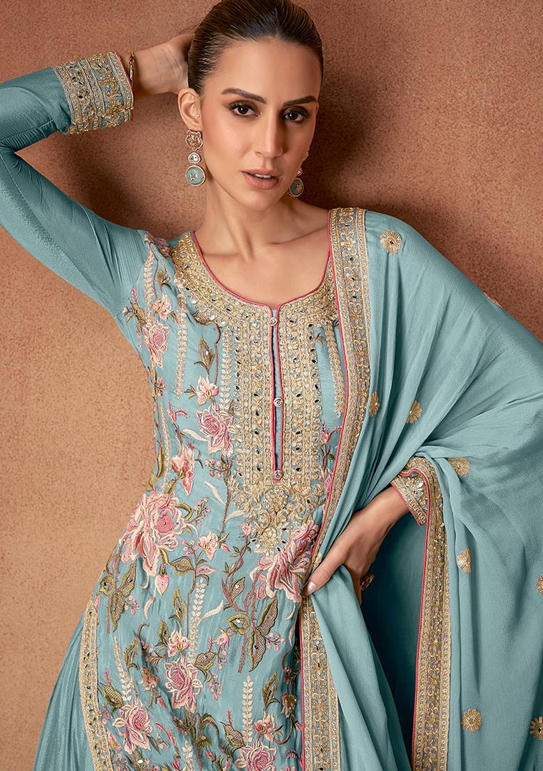 Blue Embroidered Chinon Salwar Kameez With Dupatta - Indya
