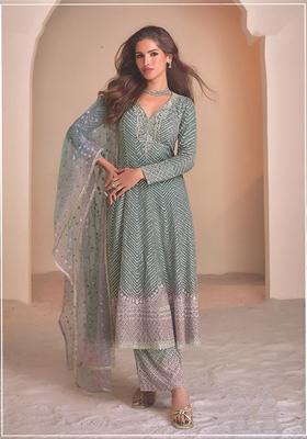 Blue Embroidered Georgette Plazzo Set With Dupatta