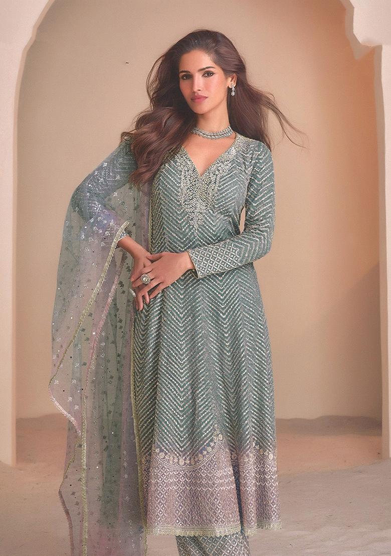 Blue Embroidered Georgette Plazzo Set With Dupatta - Indya