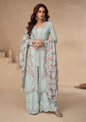 Blue Embroidered Chinon Palazzo Set With Dupatta