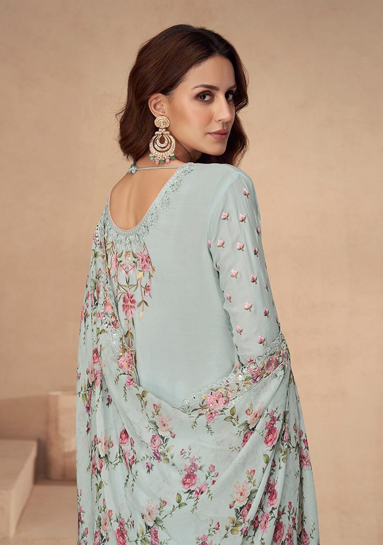 Blue Embroidered Chinon Palazzo Set With Dupatta - Indya