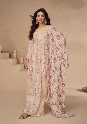 Beige Embroidered Chinon Palazzo Set With Dupatta