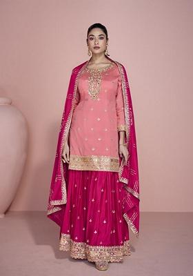 Pink Embroidered Silk Sharara Set With Dupatta