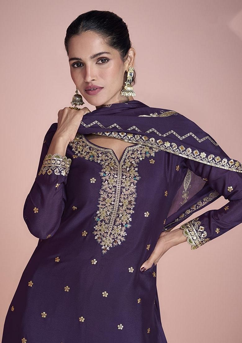 Purple Embroidered Silk Sharara Set With Dupatta - Indya