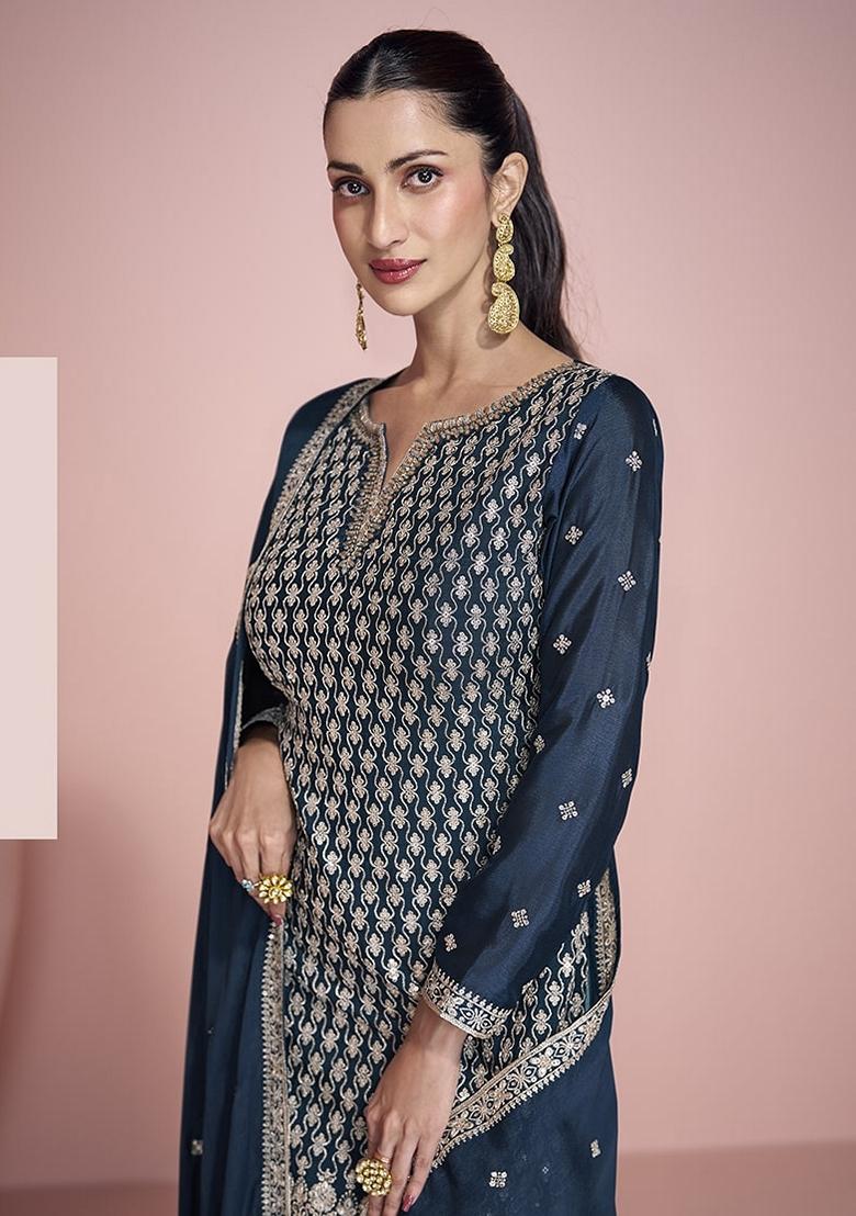 Blue Embroidered Silk Sharara Set With Dupatta - Indya