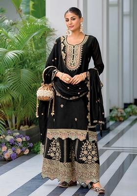 Black Embroidered Chinon Palazzo Set With Dupatta