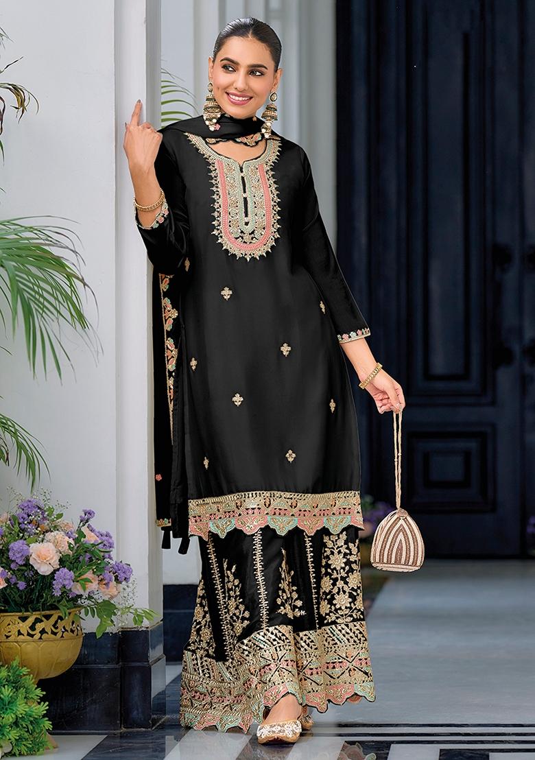 Black Embroidered Chinon Palazzo Set With Dupatta - Indya