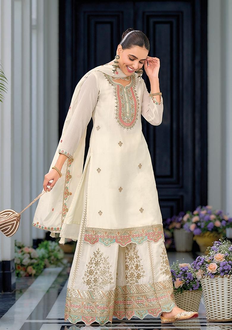 White Embroidered Chinon Palazzo Set With Dupatta - Indya